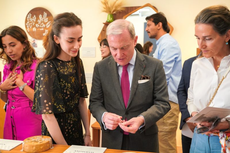 HE Mr Franck Gellet French Ambassador to Jordan inspecting students work at the Turquoise Mountain Institute of Design Crafts and Economic Development Amman resized